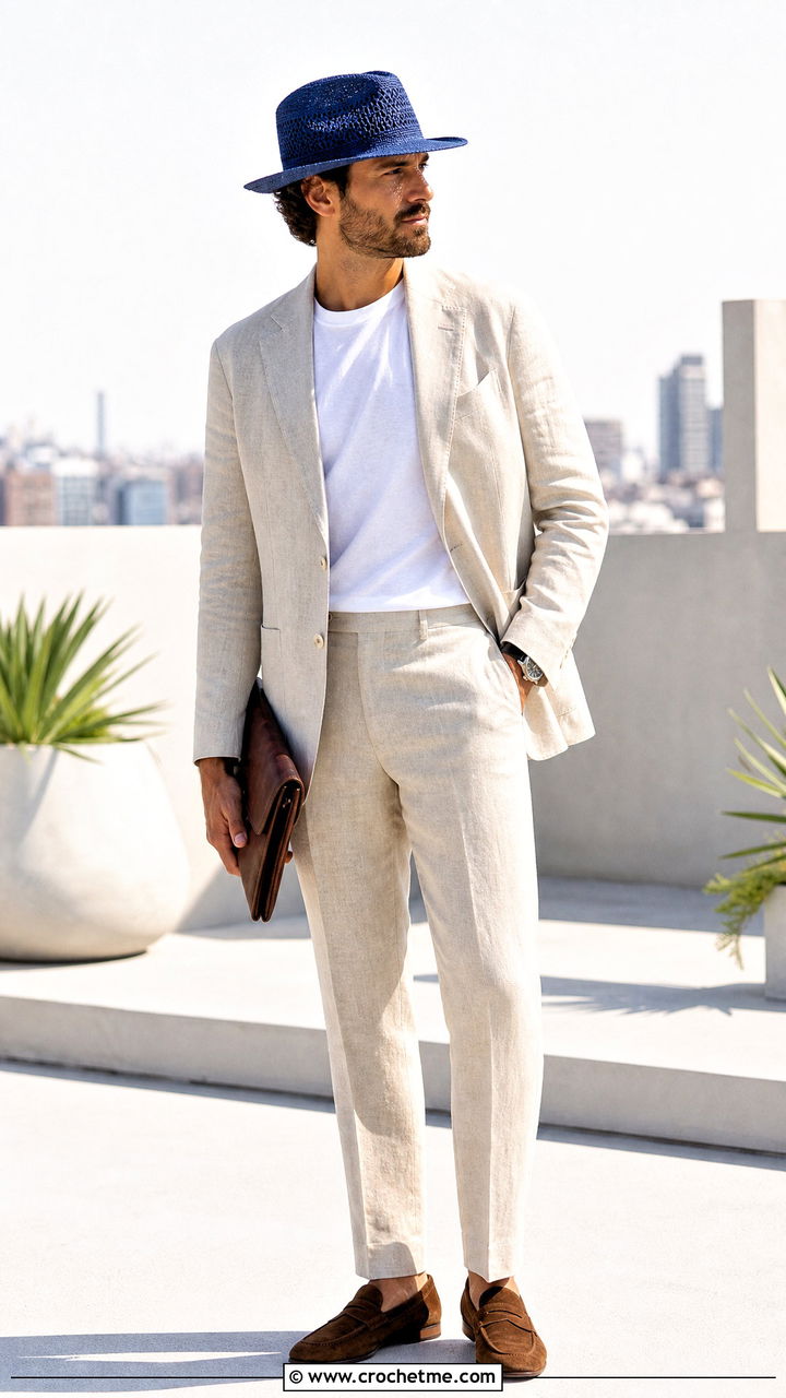 Crochet Fedora Hat With Linen Suit - 35 men's crochet hat outfit ideas