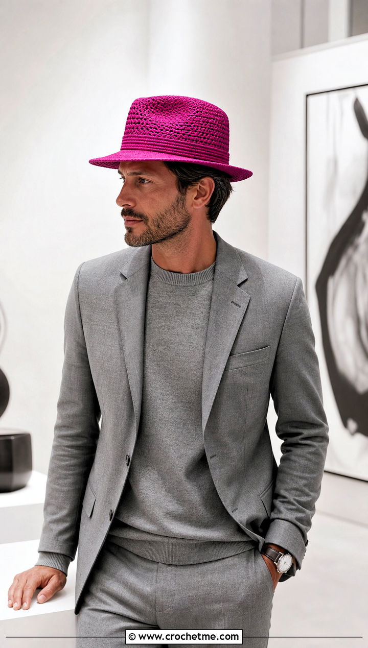 Crochet Fedora Hat With Monochrome Suit - 15 Crochet Mens Hat With Brim outfit ideas