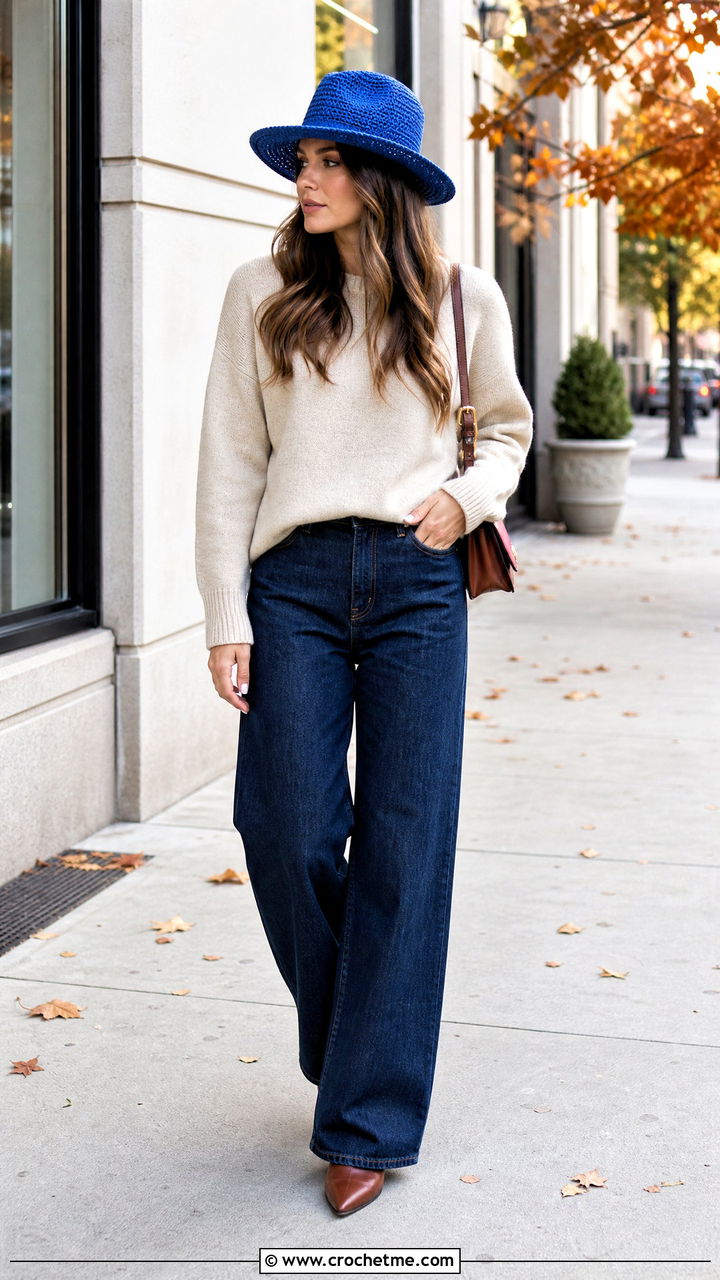 Crochet Fedora Hat With Sweater And Wide Leg Jeans - 35 crochet brim hat outfit ideas