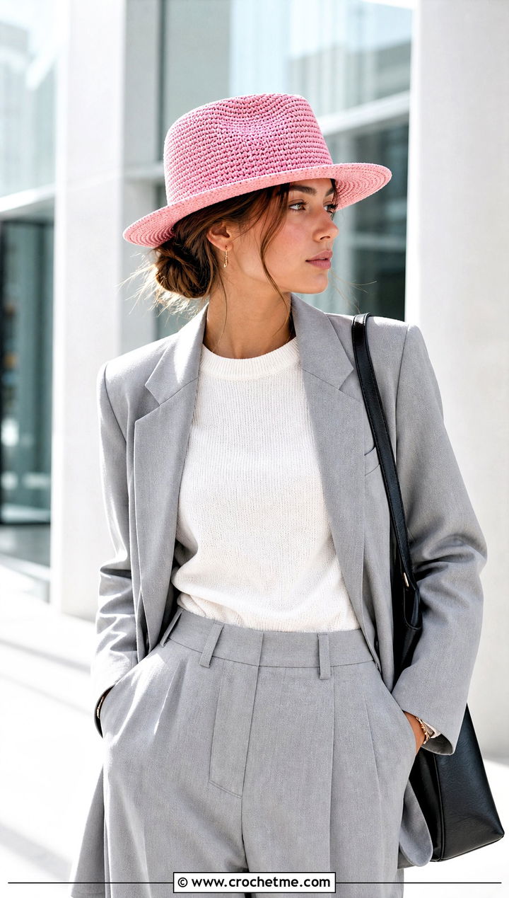 Crochet Fedora Hat With Tailored Blazer - 25 Crochet Hats With Brim outfit ideas