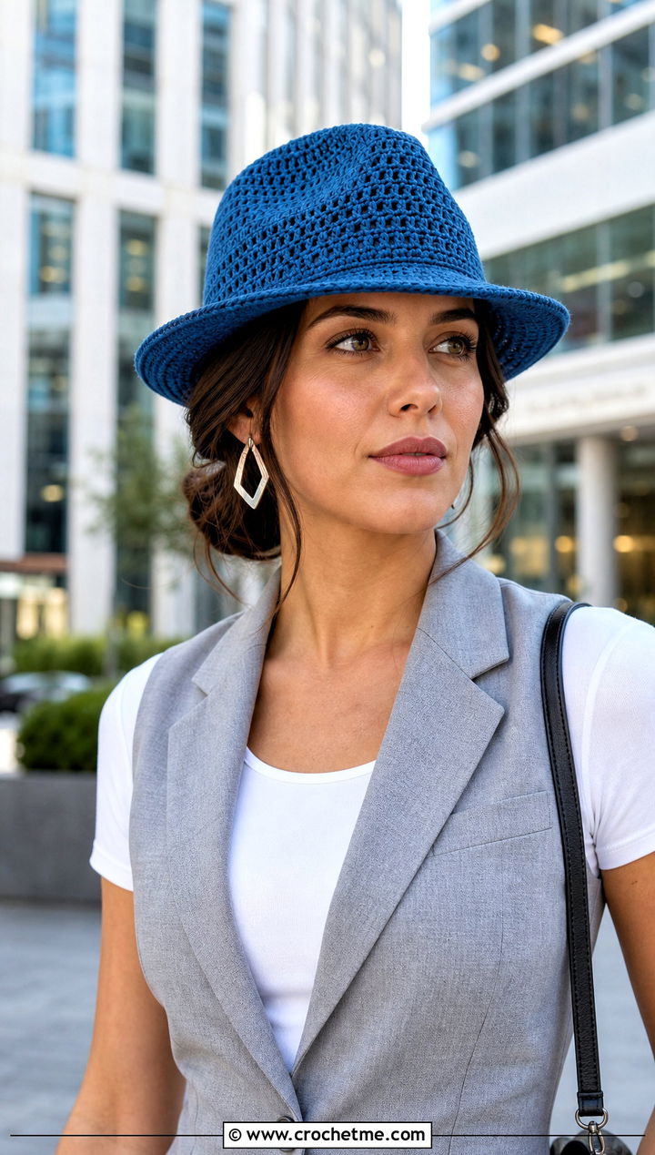 Crochet Fedora Hat With Tailored Vest And Trousers - 20 Fun Crochet Hat outfit ideas