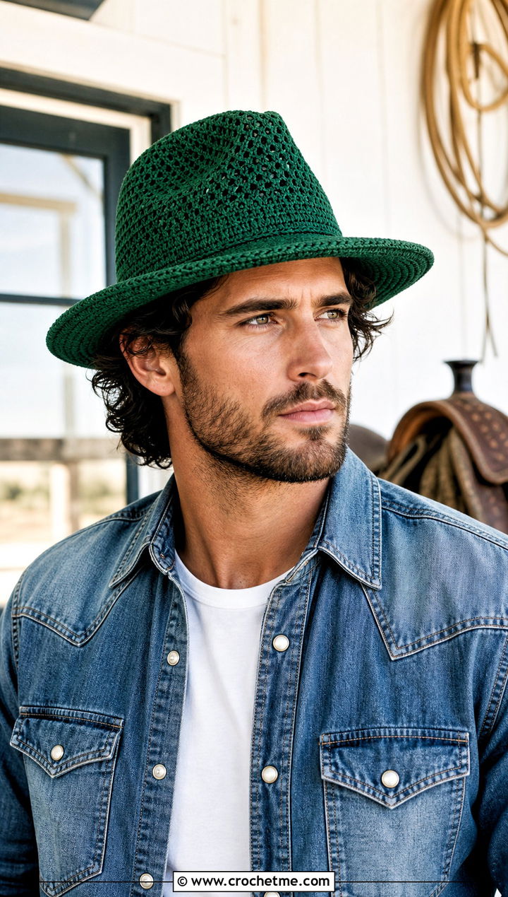 Crochet Fedora Hat With Western Overshirt - 25 crocheted mens hats outfit ideas