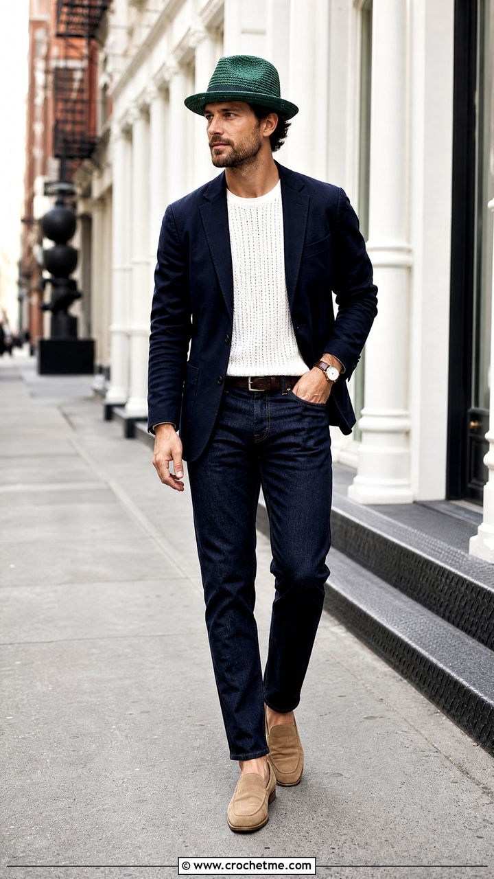 Crochet Fedora With Blazer And Straight Jeans - 35 crochet hat for men outfit ideas