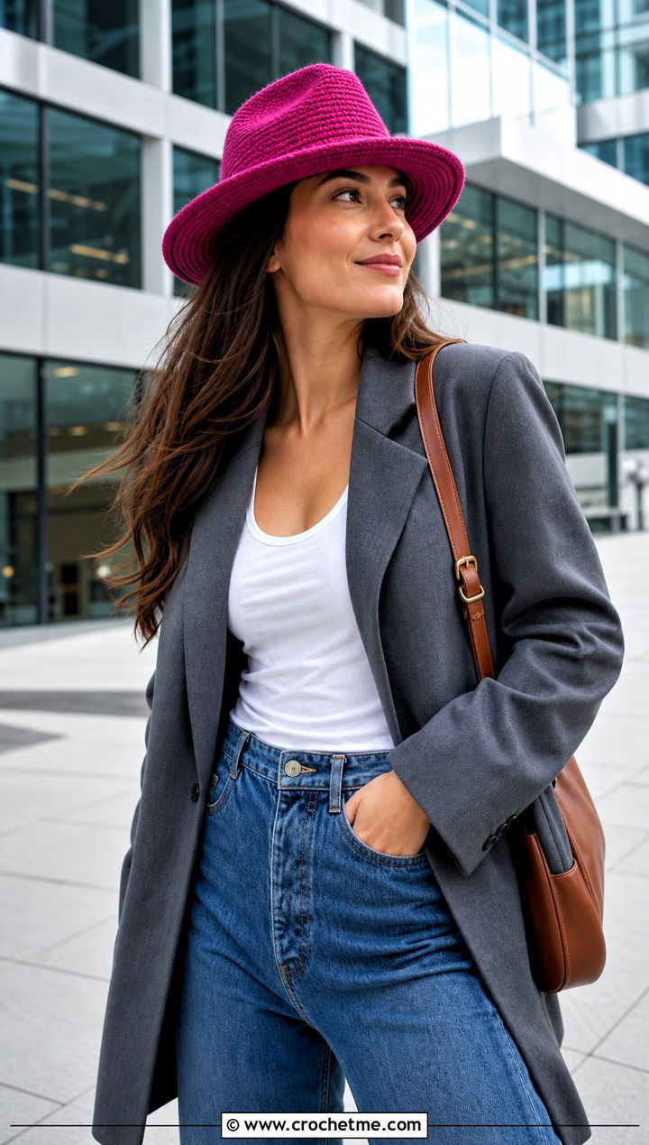 Crochet Fedora With Blazer And Wide Leg Jeans - 25 Taylor Swift Crochet Hat outfit ideas