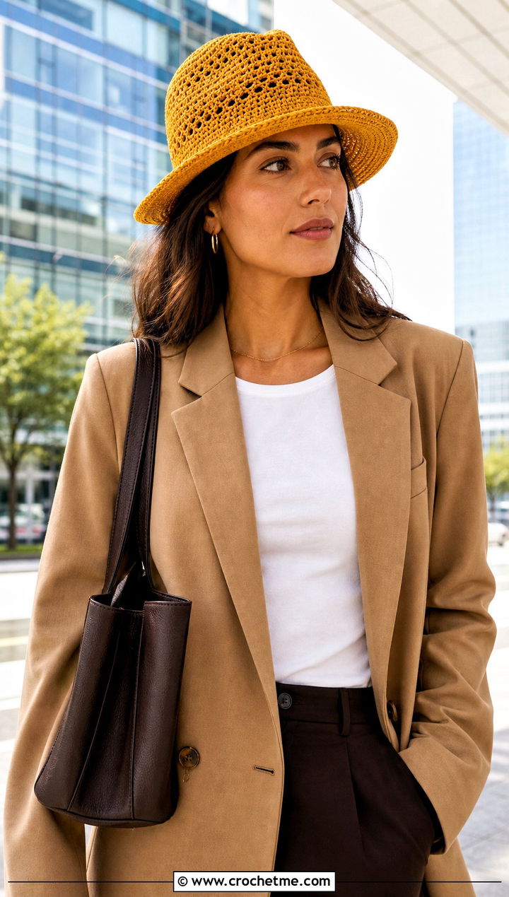 Crochet Fedora With Camel Suit And White Sneakers - 25 easy crocheted hats outfit ideas