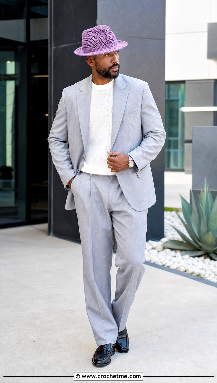 Crochet Fedora With Relaxed Suit - 35 crochet hats men outfit ideas