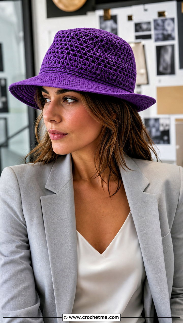 Crochet Fedora With Tailored Suit - 35 cute crochet hat outfit ideas