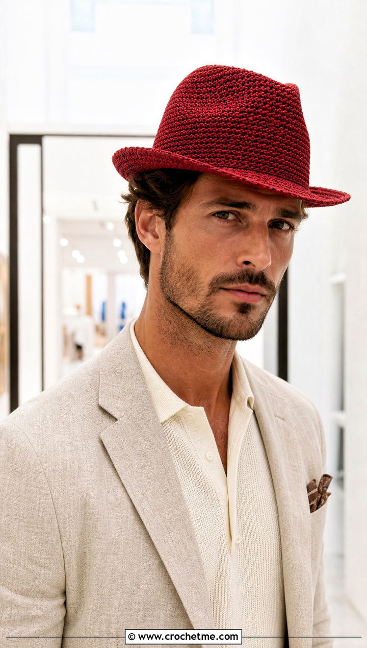 Crochet Fedora With Tailored Suit - 15 Crochet Mens Hats outfit ideas