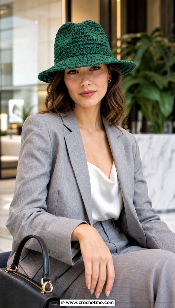 Crochet Fedora With Tailored Suit - 30 Women Crochet Hats outfit ideas