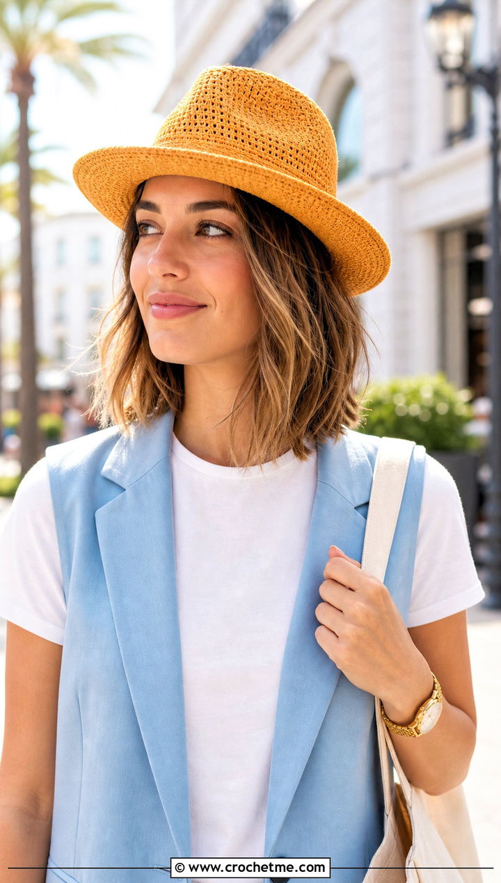 Crochet Fedora With Tailored Vest and Bermuda Shorts - 15 Crocheted Womens Hats outfit ideas