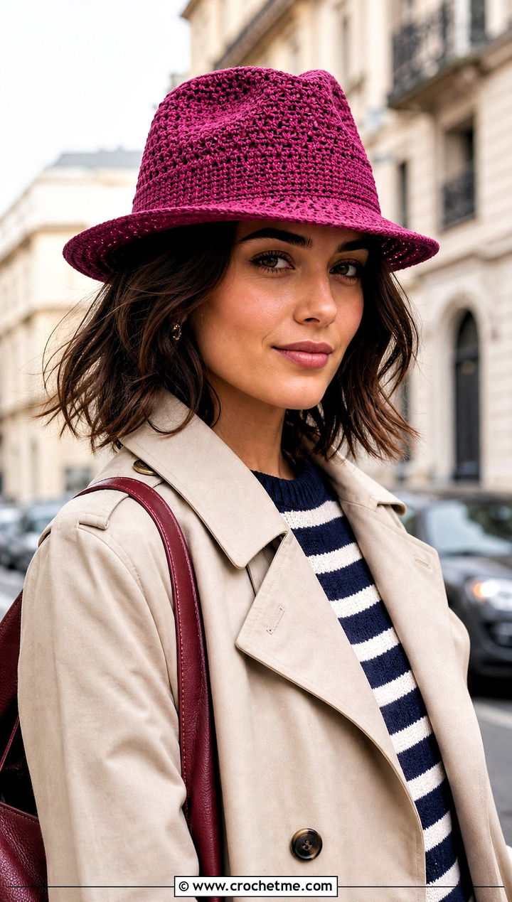 Crochet Fedora With Trench Coat And Jeans - 15 Tiktok Crochet Hat outfit ideas