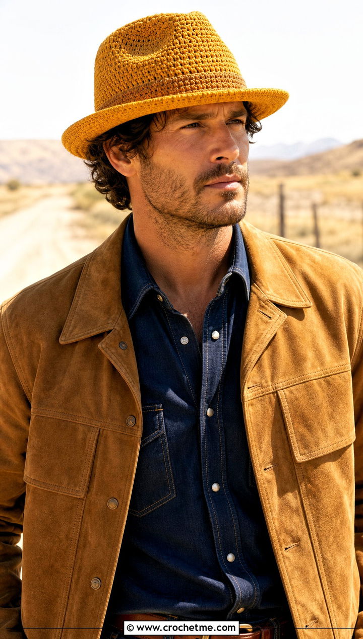 Crochet Fedora With Western Shirt And Dark Denim - 30 men's crochet hats outfit ideas