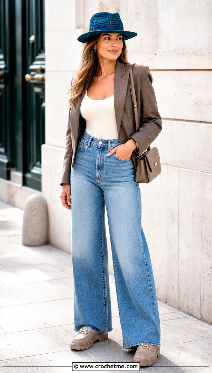 Crochet Fedora With Wide Leg Jeans - 35 Crochet Hat Inspo outfit ideas