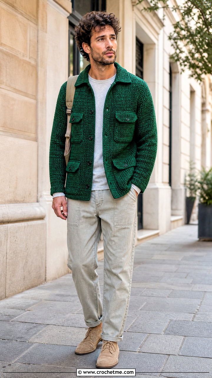 Crochet Field Jacket With Fatigue Pants - 35 crochet jacket for men outfit ideas
