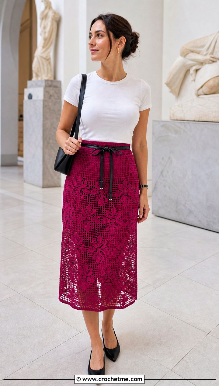 Crochet Filet Midi Skirt With Fitted T Shirt - 25 coquette crochet clothes and outfit ideas