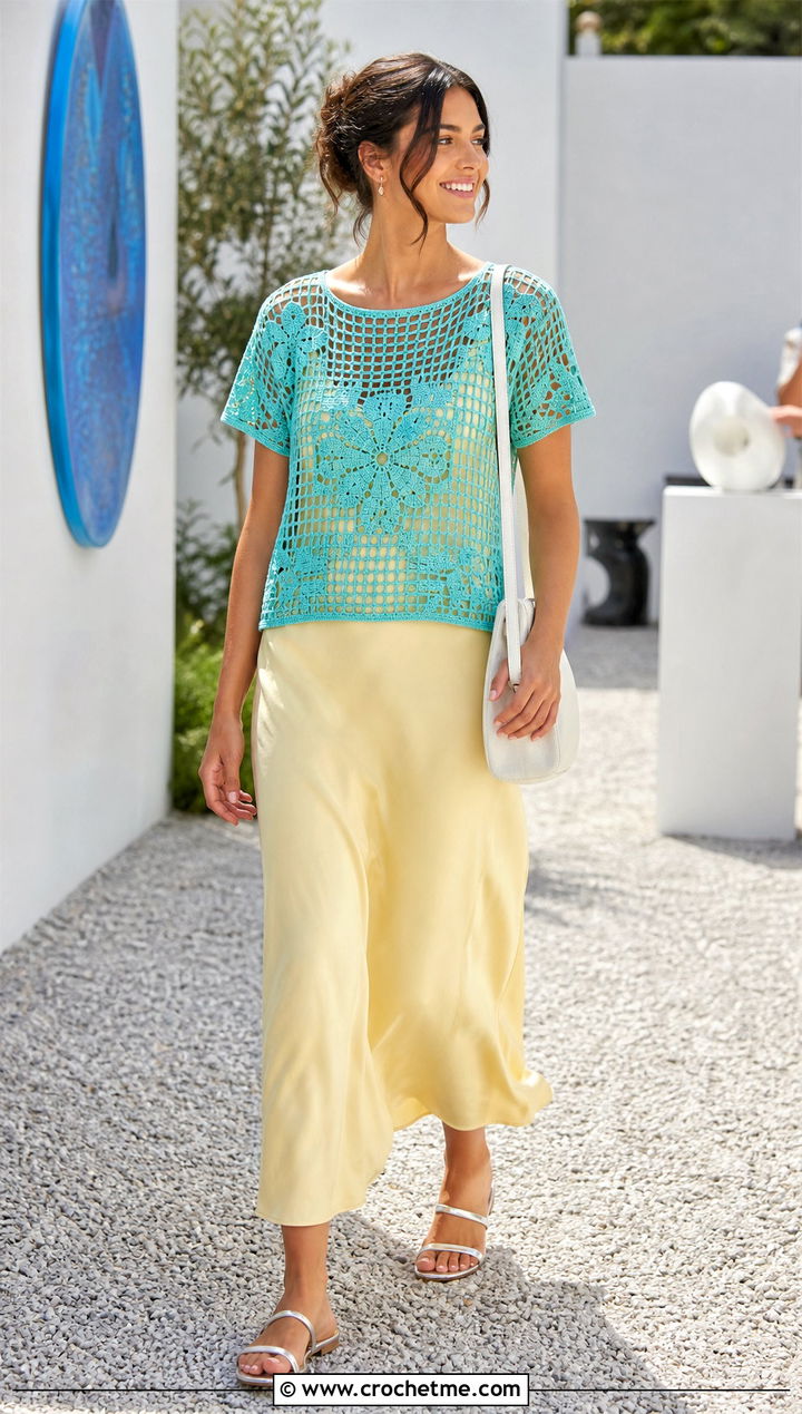 Crochet Filet Top Over A Slip Dress - 25 cute easy crochet tops outfit ideas