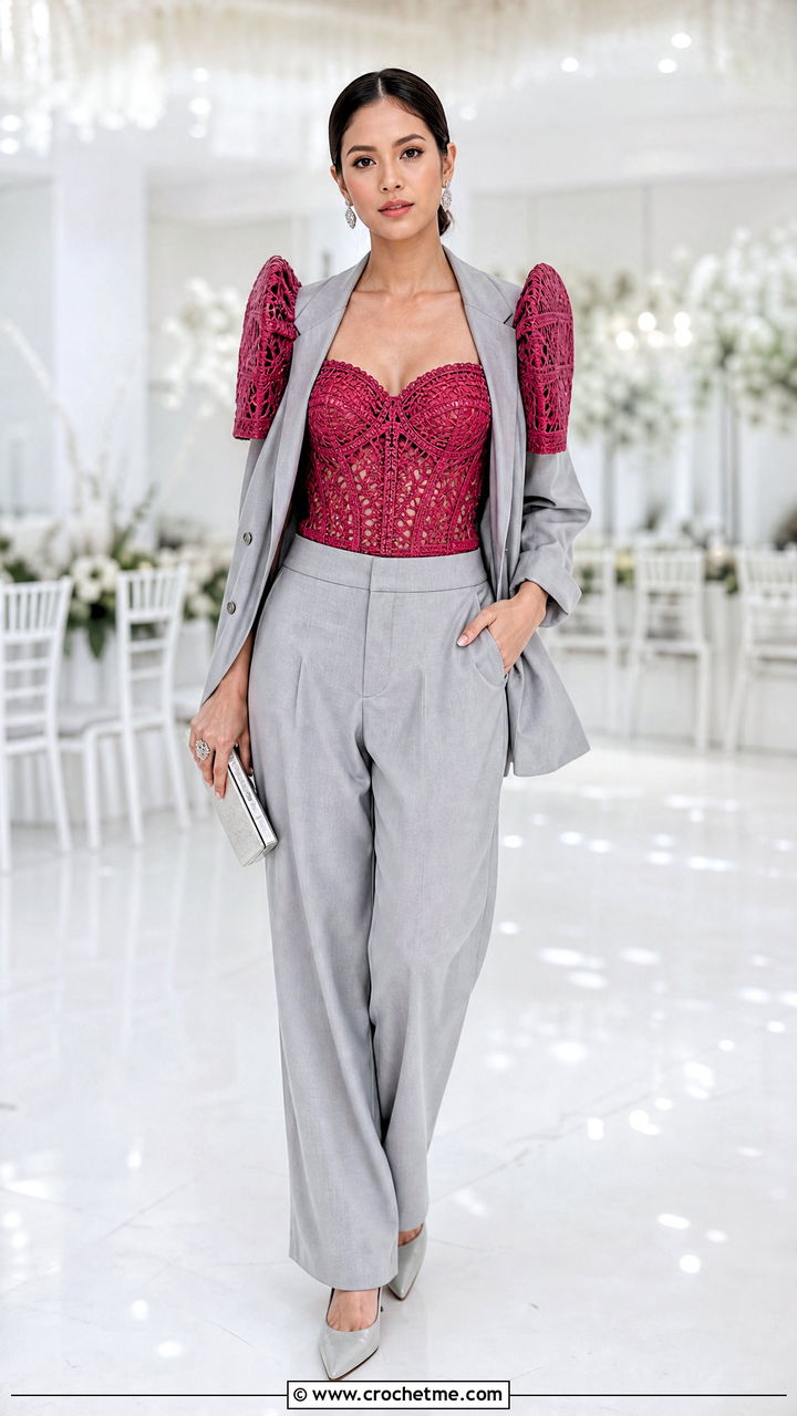 Crochet Filipiniana Corset Top With Relaxed Suit - 35 crochet filipiniana top outfit ideas