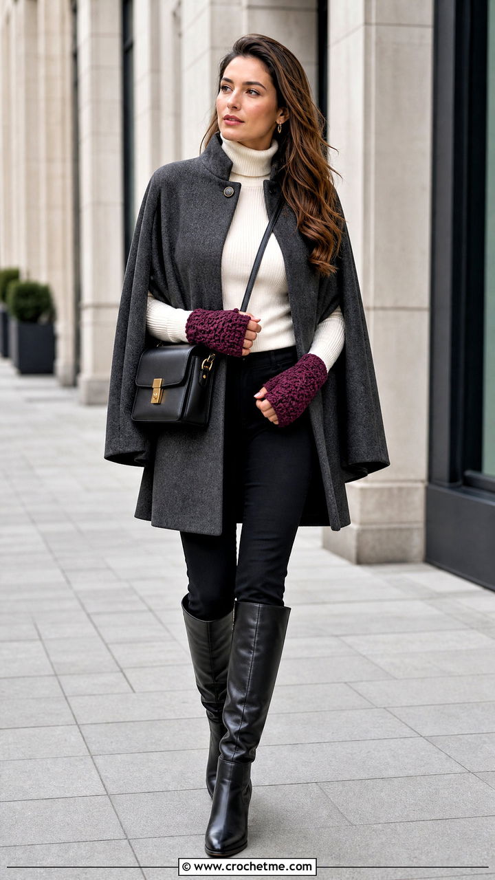 Crochet Fingerless Gloves With Cape Coat - 35 crochet accessories outfit ideas