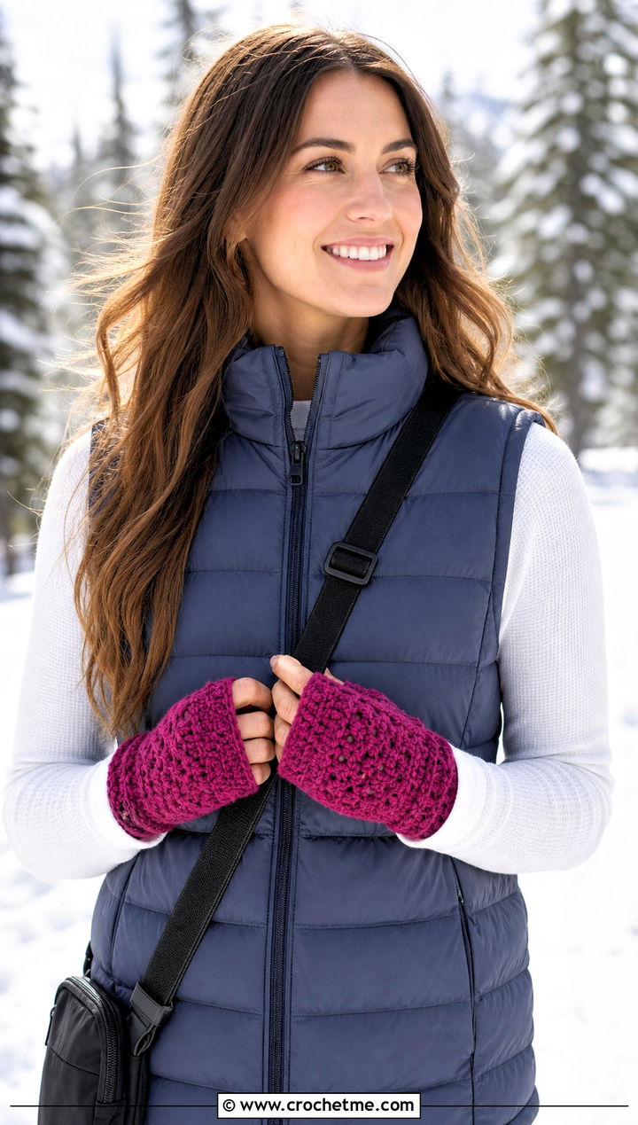 Crochet Fingerless Gloves With Puffer Vest - 25 winter crochet outfit ideas