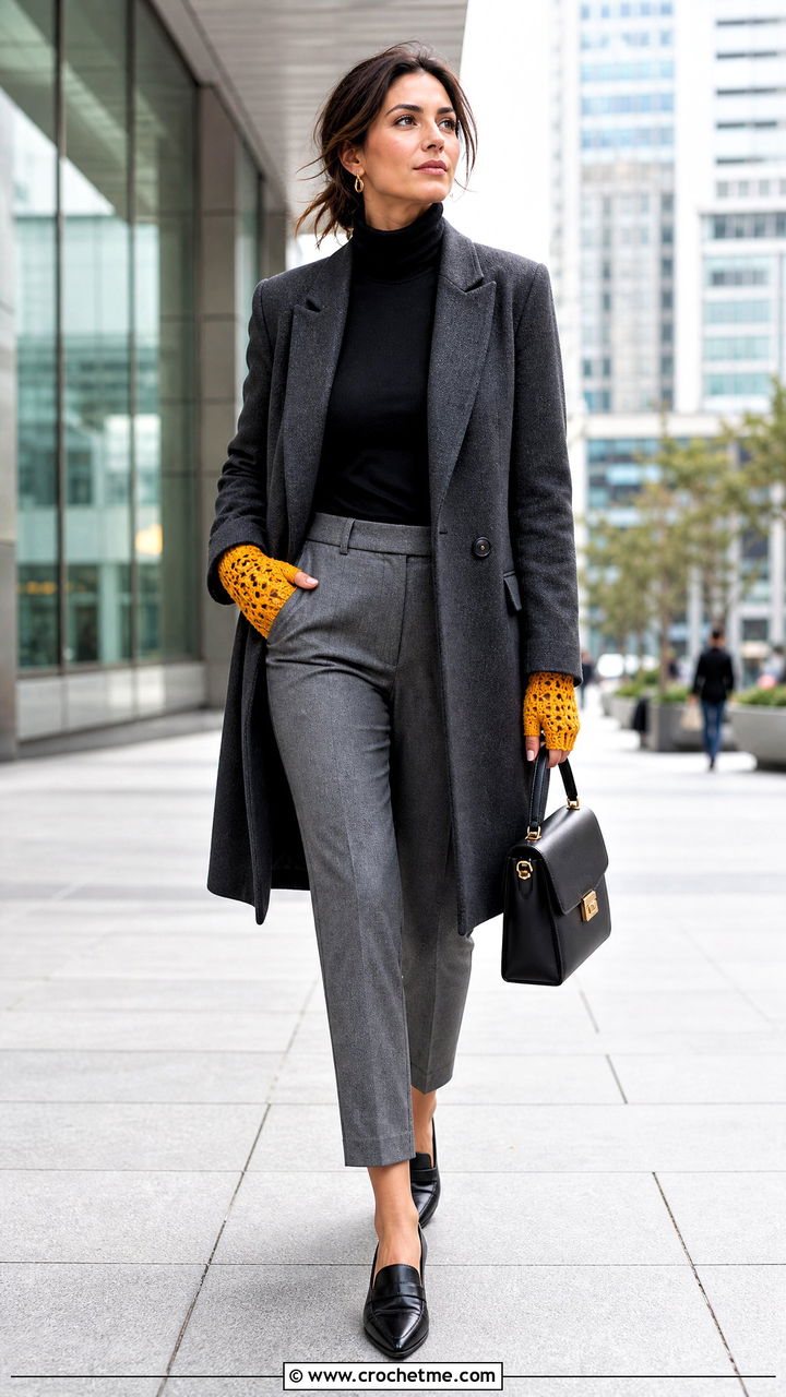 Crochet Fingerless Gloves With Tailored Coat - 35 crochet fall clothes and outfit ideas