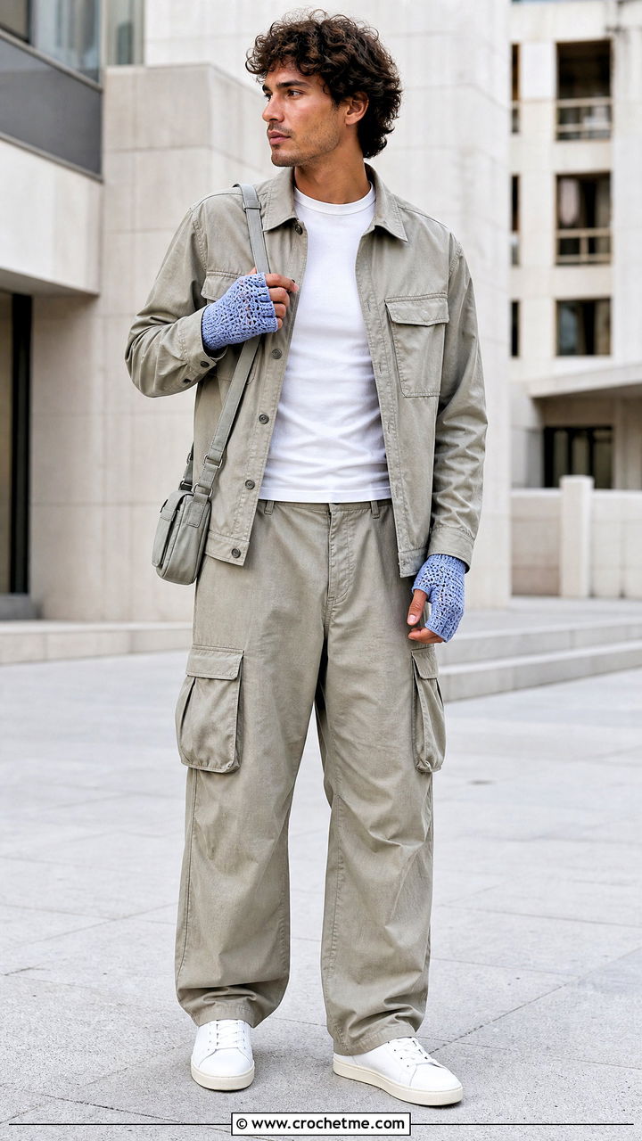 Crochet Fingerless Mittens With Cargo Suit - 35 crochet gloves for men outfit ideas