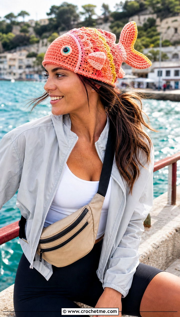 Crochet Fish Hat With Windbreaker And Bike Shorts - 25 Crochet Silly Hats outfit ideas