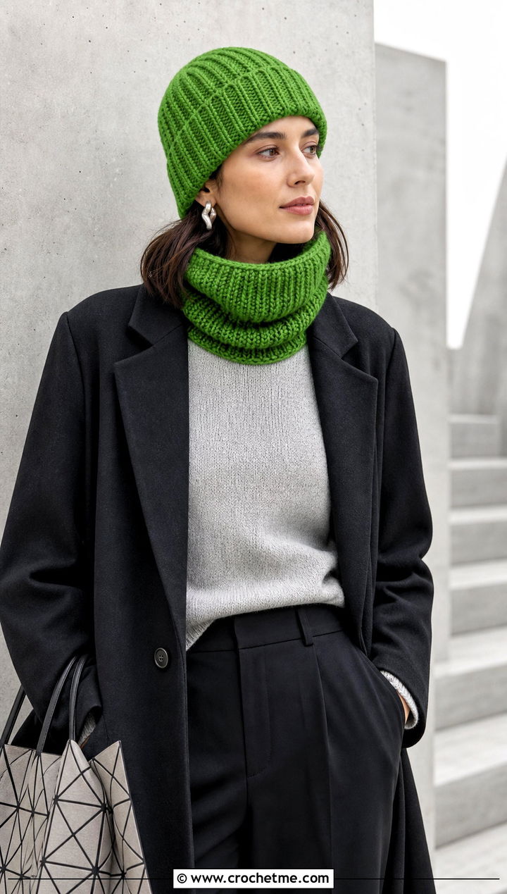 Crochet Fisherman Beanie And Cowl Scarf With Minimalist Separates - 15 Crochet Scarf Hat outfit ideas