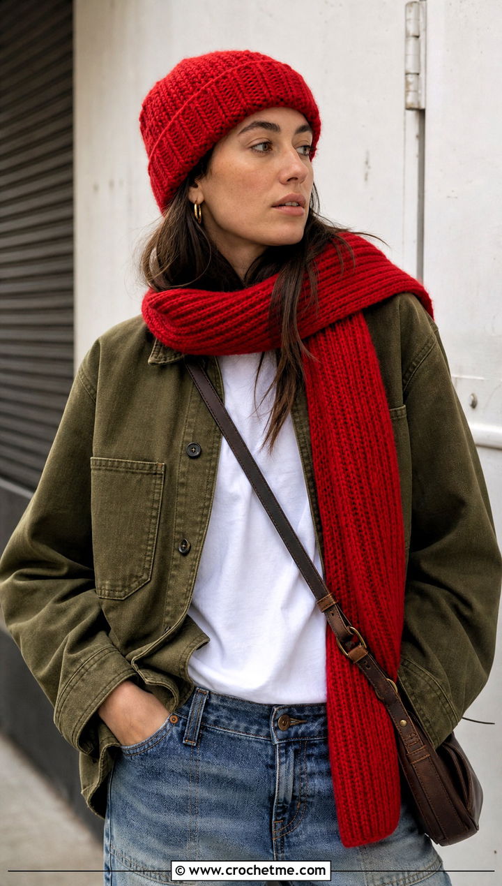 Crochet Fisherman Beanie And Ribbed Scarf With Workwear Jacket - 25 crochet hat scarf outfit ideas