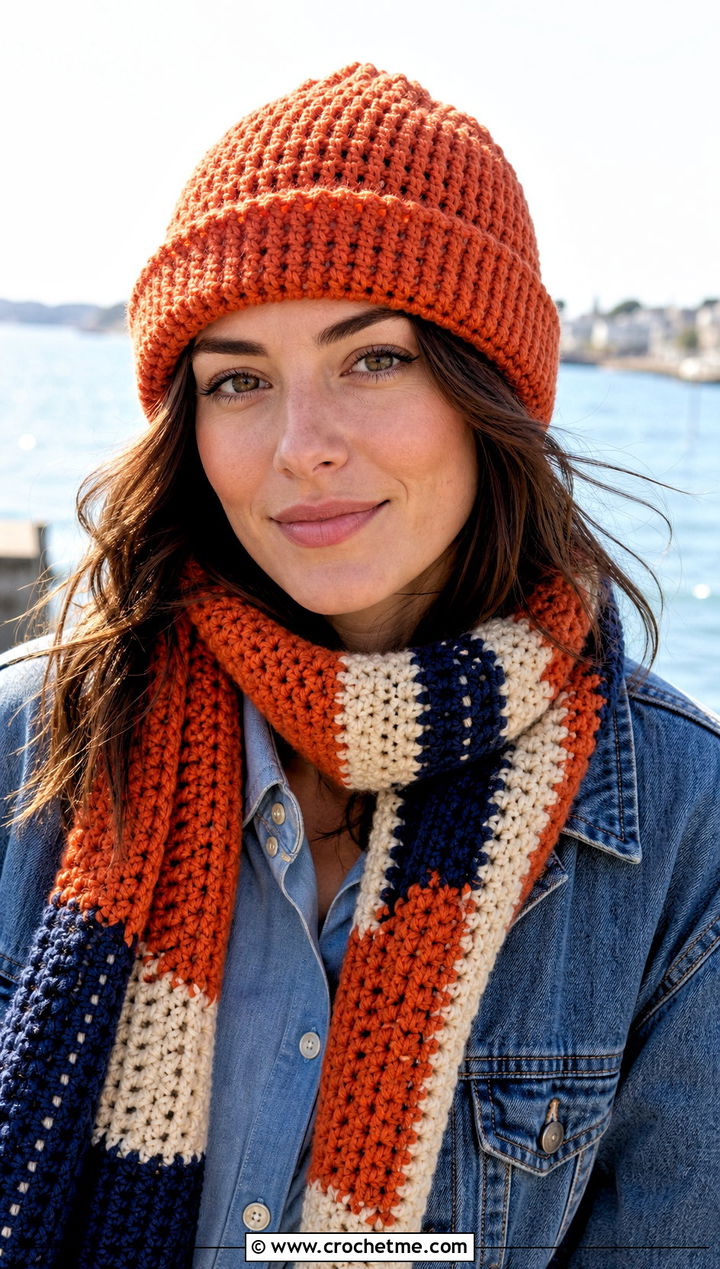 Crochet Fisherman Beanie And Striped Scarf With Denim Jacket - 25 crochet scarf hat combo outfit ideas