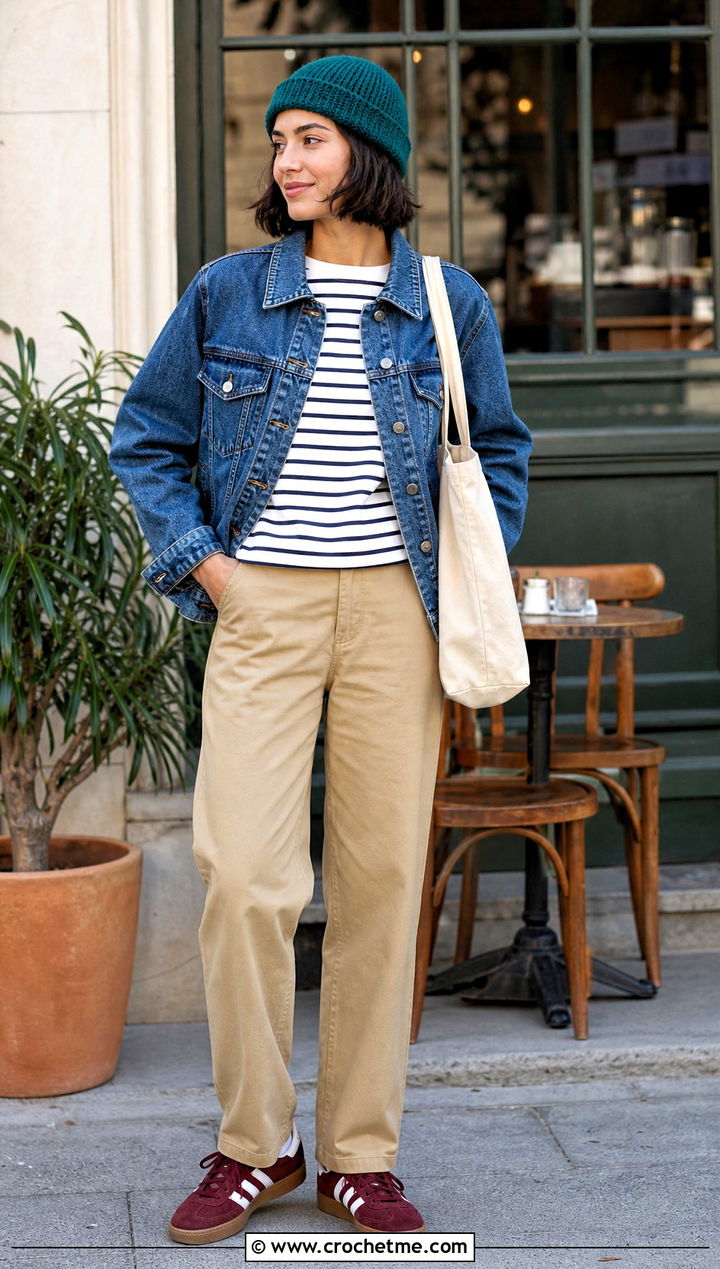 Crochet Fisherman Beanie With Denim Jacket And Chinos - 35 quick crochet hat outfit ideas
