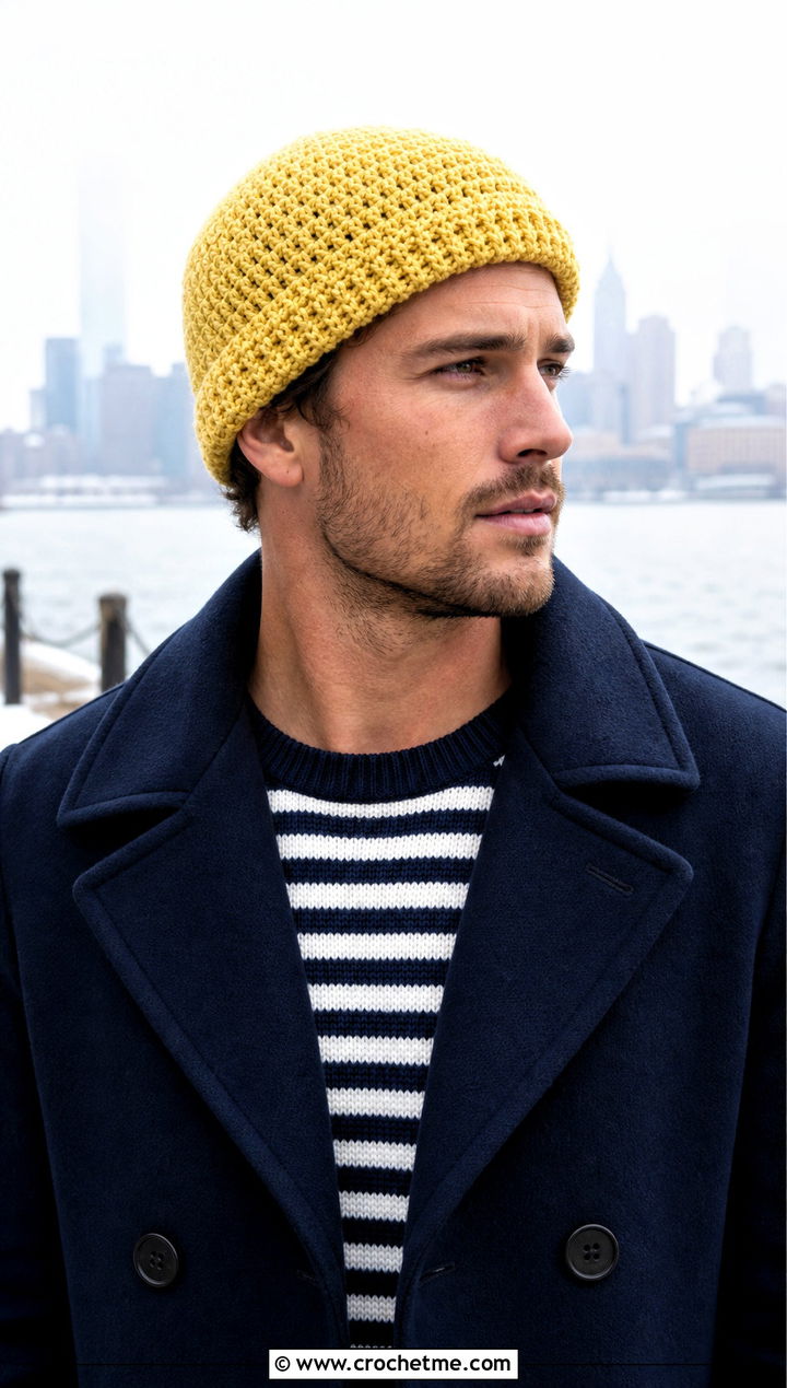 Crochet Fisherman Beanie With Pea Coat - 25 Crochet Mens Winter Hat outfit ideas