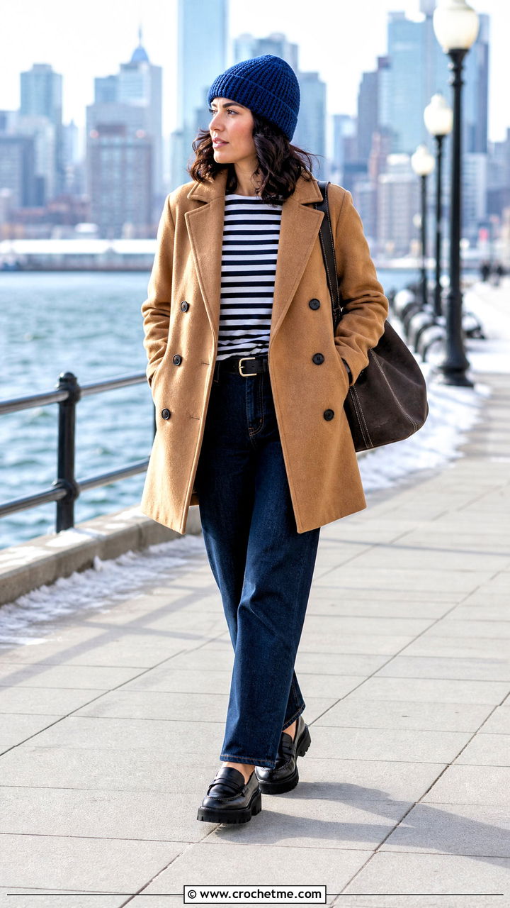Crochet Fisherman Beanie With Peacoat And Straight Jeans - 35 crochet winter hat outfit ideas