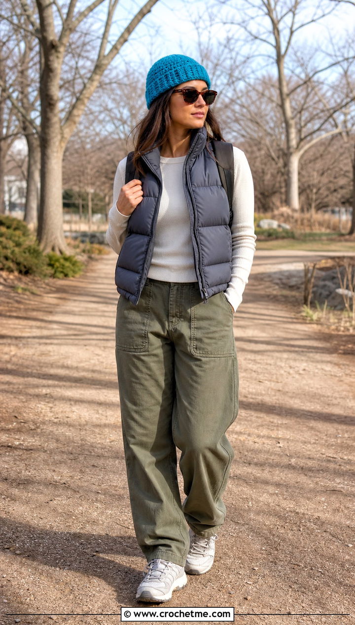 Crochet Fisherman Beanie With Puffer Vest - 35 Crochet Hat Inspo outfit ideas