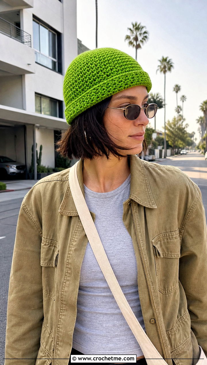 Crochet Fisherman Beanie With Utility Jacket and Barrel Jeans - 15 Crocheted Womens Hats outfit ideas