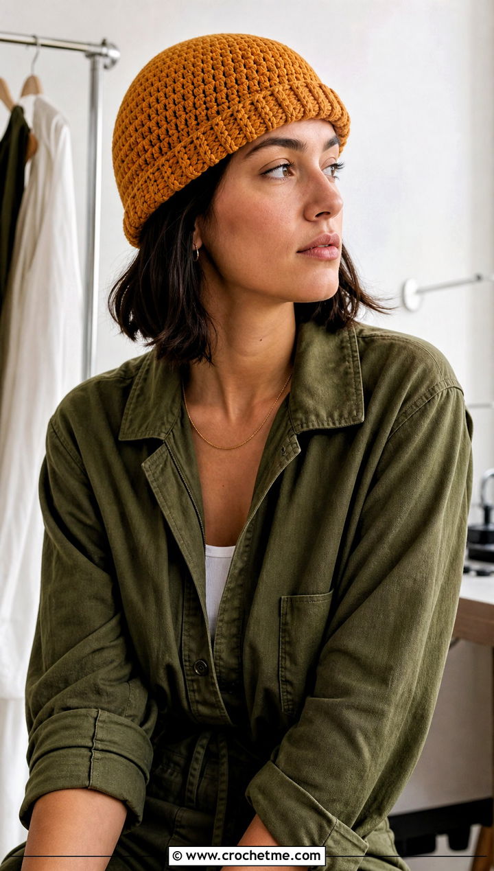 Crochet Fisherman Beanie With Utility Jumpsuit - 35 cute crochet hat outfit ideas