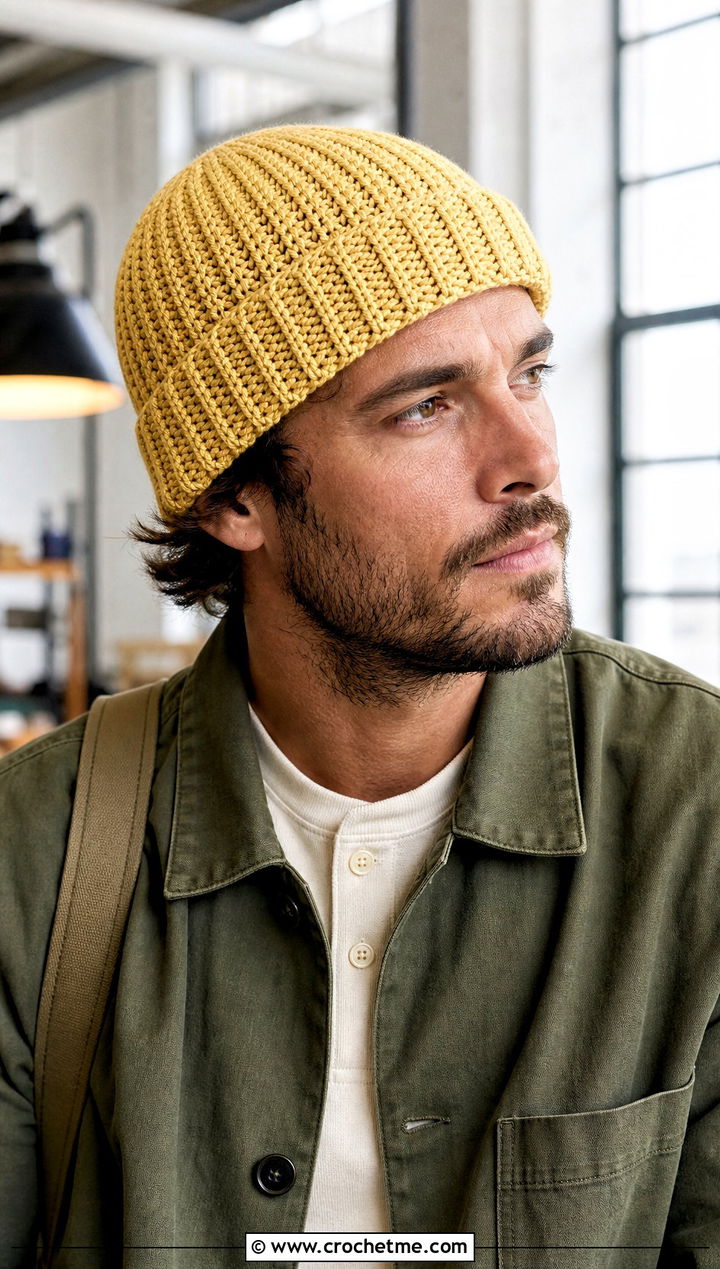 Crochet Fisherman Beanie With Workwear Jacket - 15 Crochet Mens Hats outfit ideas