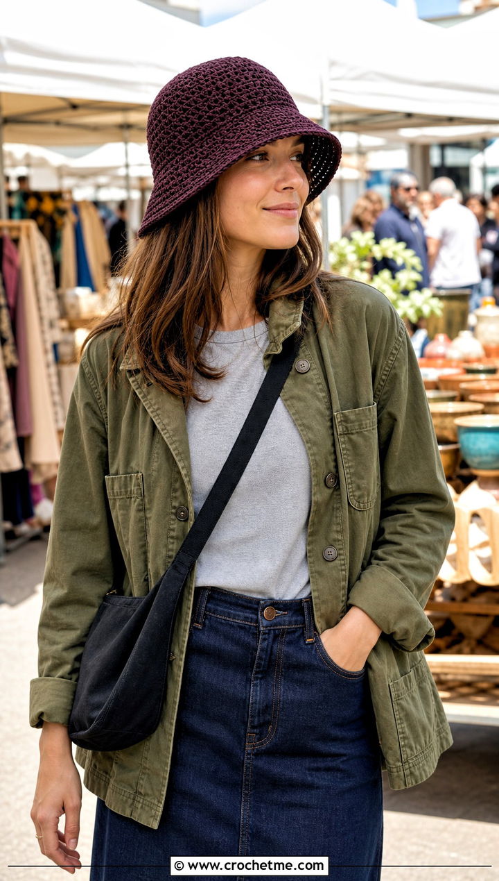 Crochet Fisherman Hat With Utility Jacket And Denim Skirt - 25 easy crocheted hats outfit ideas