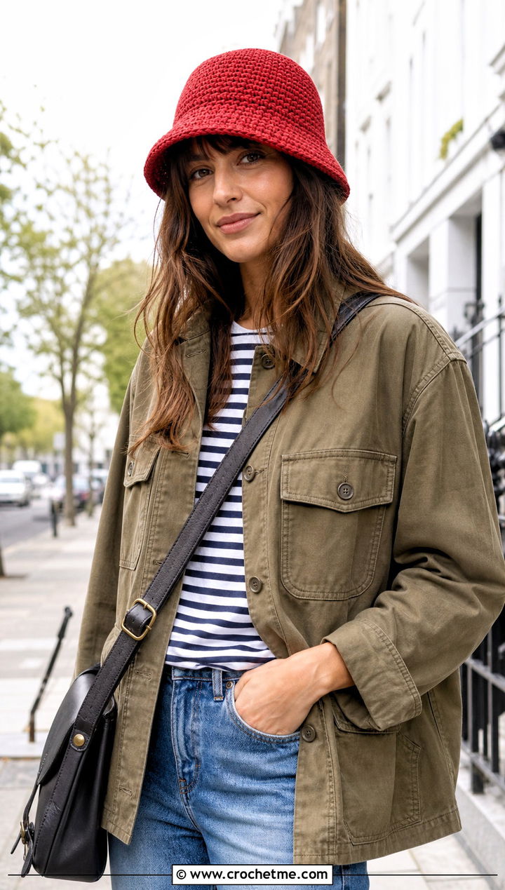 Crochet Fisherman Hat With Utility Jacket And Straight Jeans - 20 crochet women's hat outfit ideas