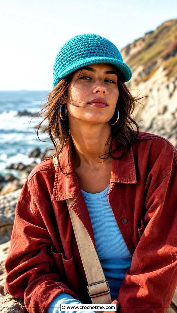 Crochet Fisherman Style Visor Beanie With Overshirt - 20 Crochet Beanie With Brim outfit ideas