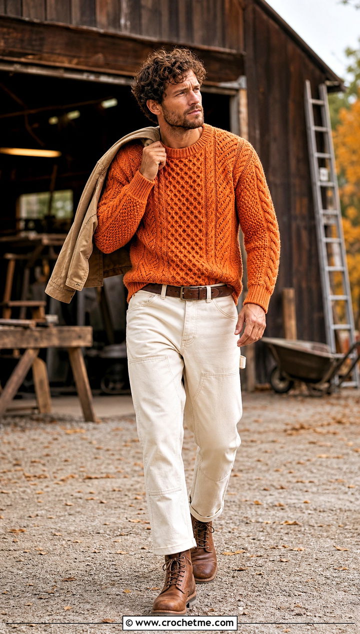 Crochet Fisherman Sweater With Carpenter Pants - 30 Easy Crochet Mens Sweater outfit ideas