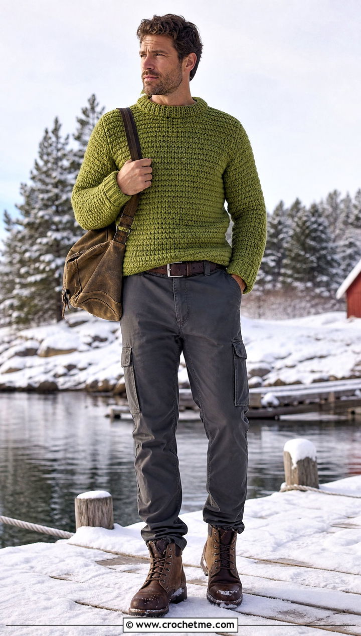 Crochet Fisherman Sweater With Utility Trousers - 35 crochet mens clothes and outfit ideas