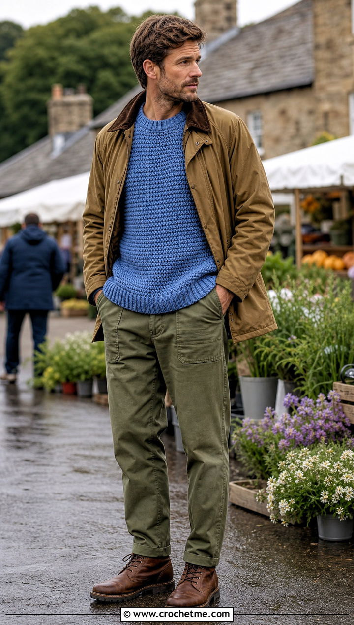 Crochet Fisherman Sweater With Utility Trousers - 30 male crochet sweater outfit ideas