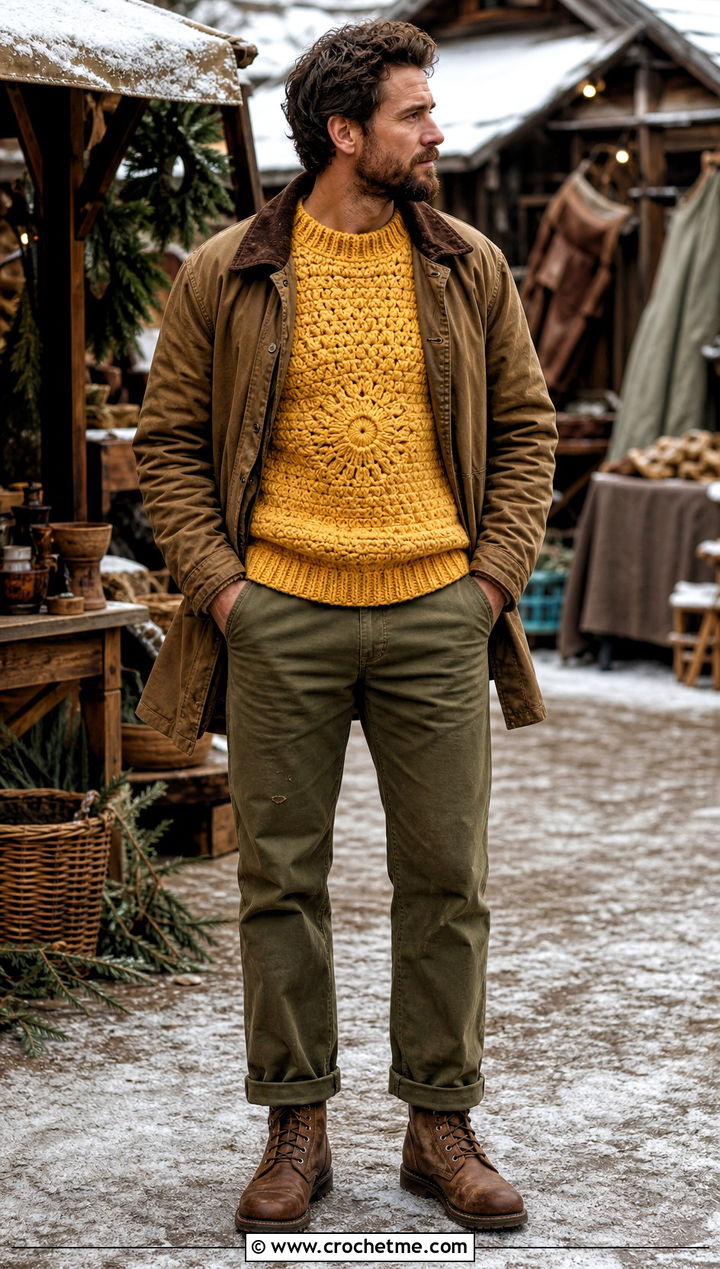 Crochet Fisherman Sweater With Work Pants - 25 man crochet sweater outfit ideas