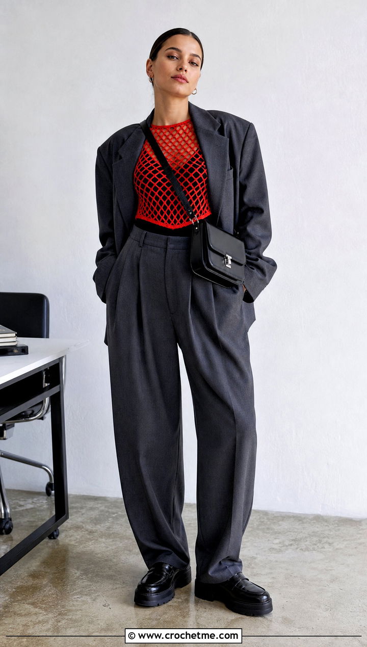 Crochet Fishnet Top With Oversized Blazer - 35 Crochet Grunge Clothes and outfit ideas