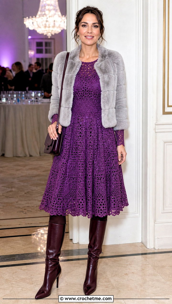 Crochet Fit And Flare Dress With Heeled Boots - 30 crochet dress for winter outfit ideas