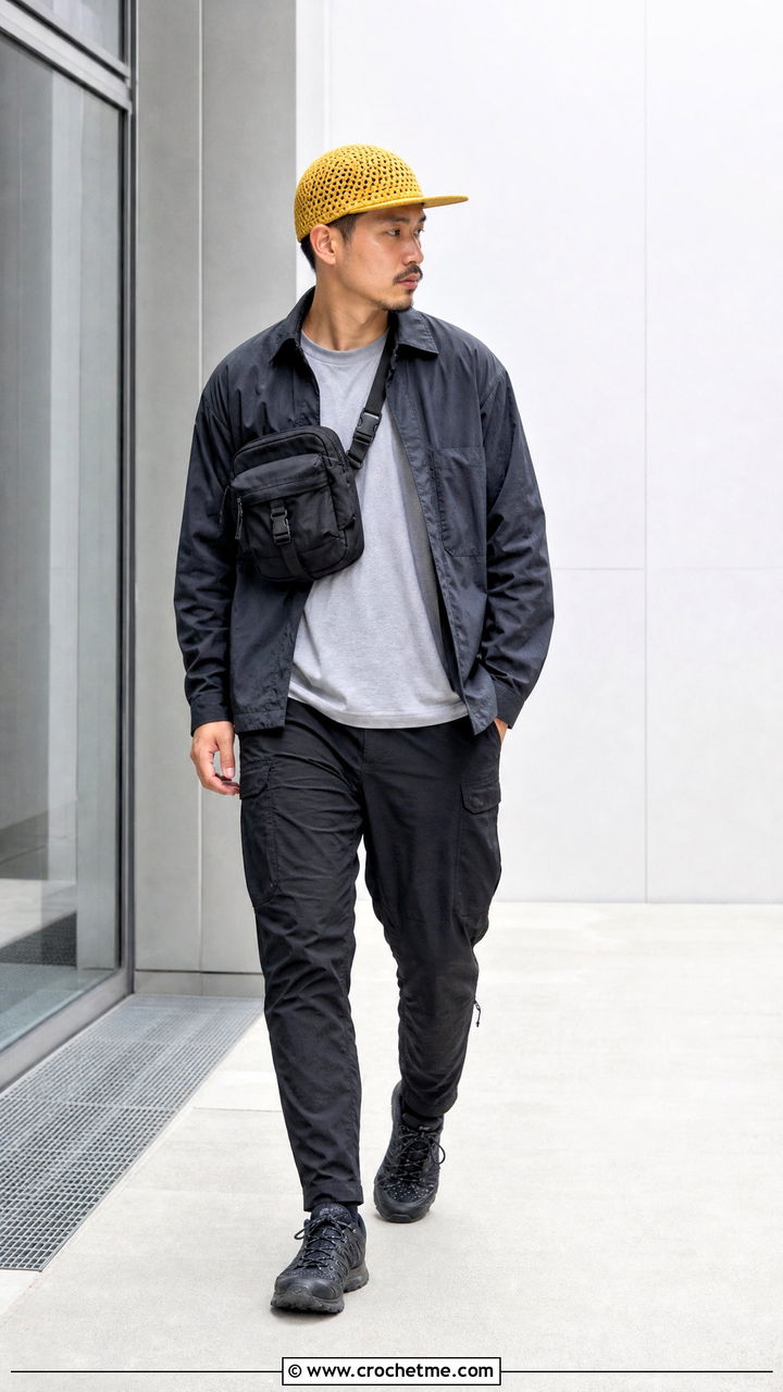 Crochet Five Panel Cap With Techwear Outfit - 35 crochet hats for men outfit ideas