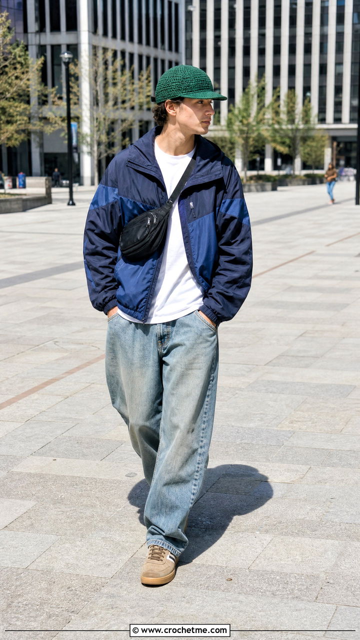 Crochet Five Panel Cap With Windbreaker - 35 men's crochet hat outfit ideas