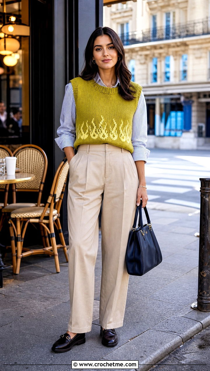 Crochet Flame Sweater Vest With Striped Shirt And Pleated Pants - 25 Crochet Fire Sweater outfit ideas