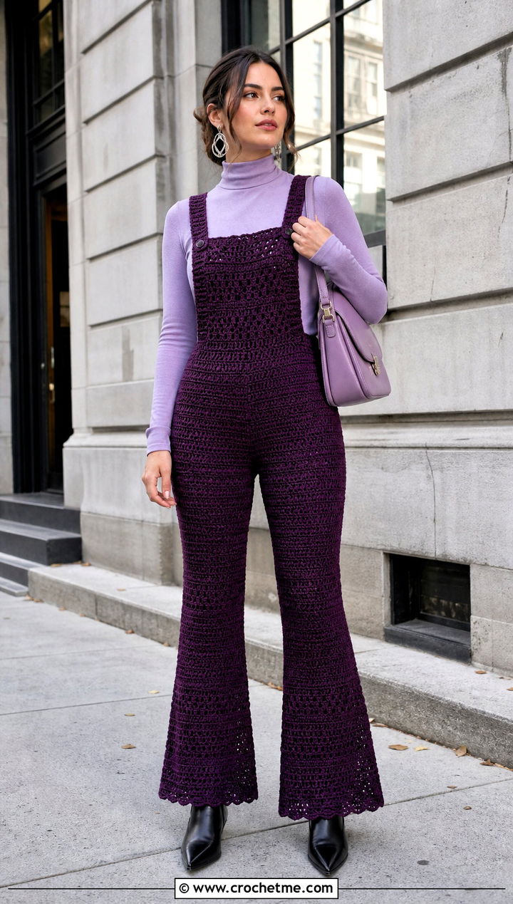 Crochet Flare Dungarees With Fitted Turtleneck - 30 crochet dungarees outfit ideas