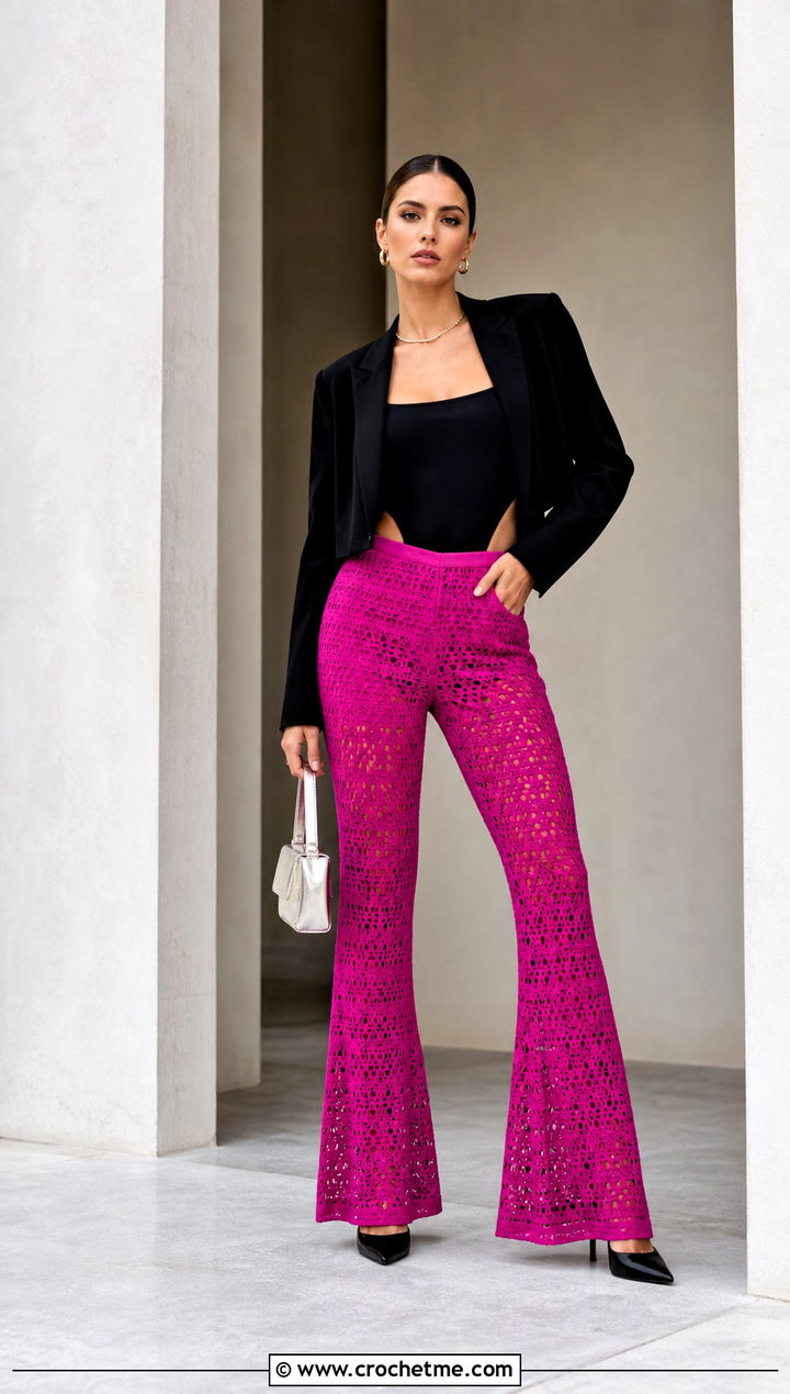 Crochet Flare Pants With Cropped Blazer - 30 crochet thread clothes and outfit ideas
